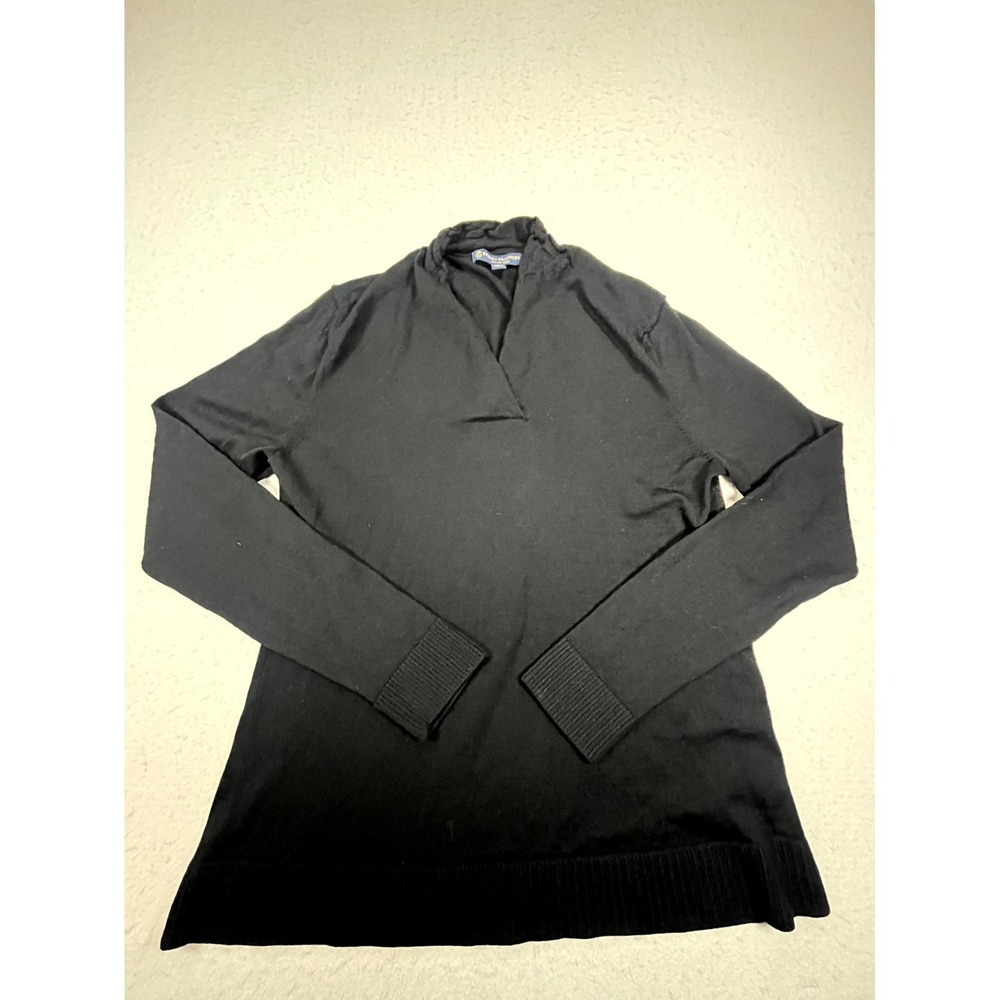 Brooks Brothers Sweater Womens Large Black Merino Wool Tight Knit Ribbed V Neck
